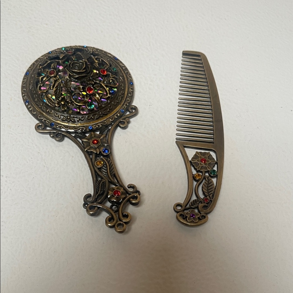Ornate Bronze Vanity Mirror and Comb Set